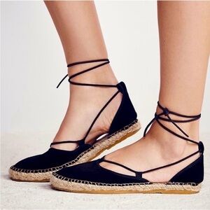 Free People Marina Lace Up Espadrilles Black Suede Flats Size 37